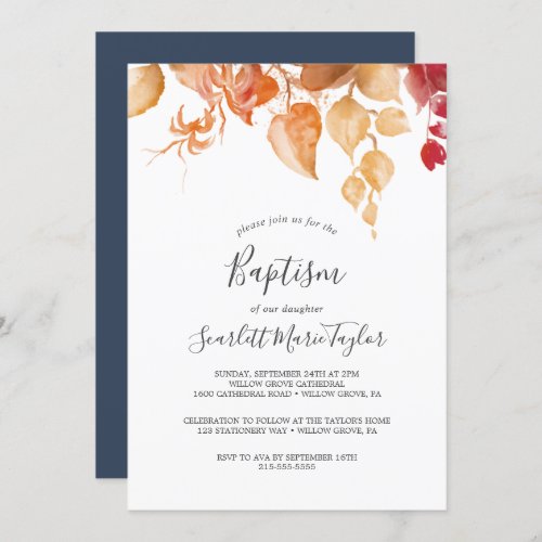 Fall Leaves  White  Burgundy Baptism Invitation