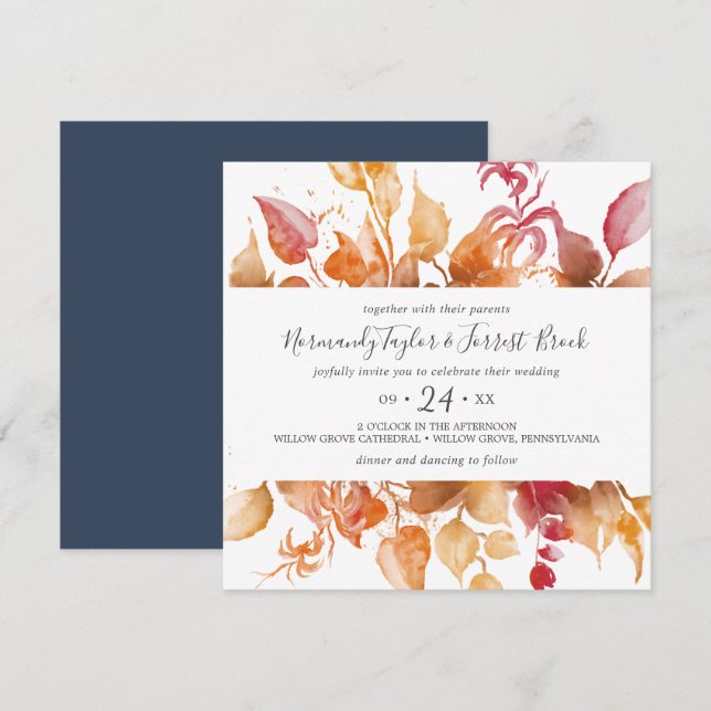 Fall Leaves White & Burgundy Casual Square Wedding Invitation (Front/Back)
