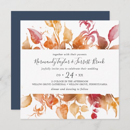 Fall Leaves White  Burgundy Casual Square Wedding Invitation