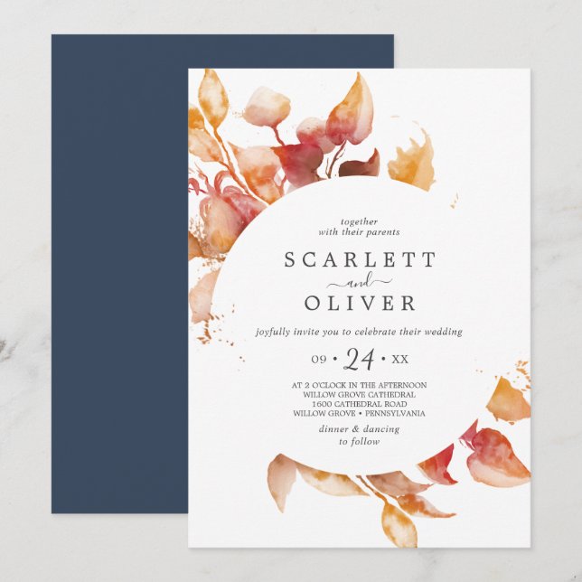Fall Leaves | White & Burgundy Casual Wedding Invitation (Front/Back)