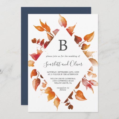 Fall Leaves  White  Burgundy Diamond Wedding Invitation