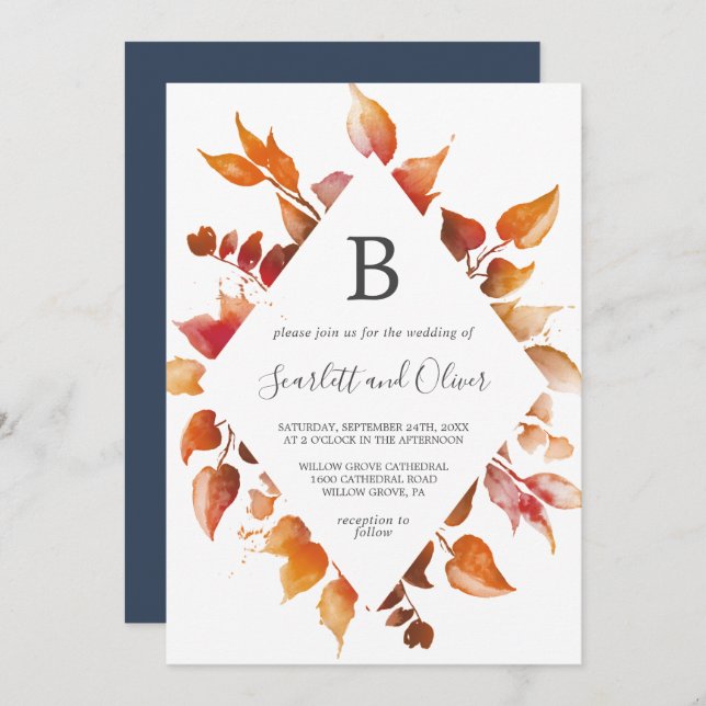 Fall Leaves | White & Burgundy Diamond Wedding Invitation (Front/Back)