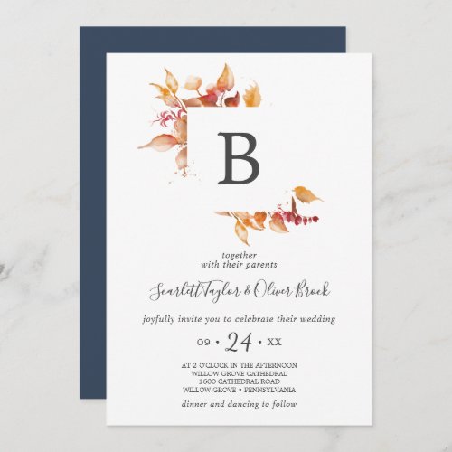 Fall Leaves  White  Burgundy Monogram Wedding Invitation