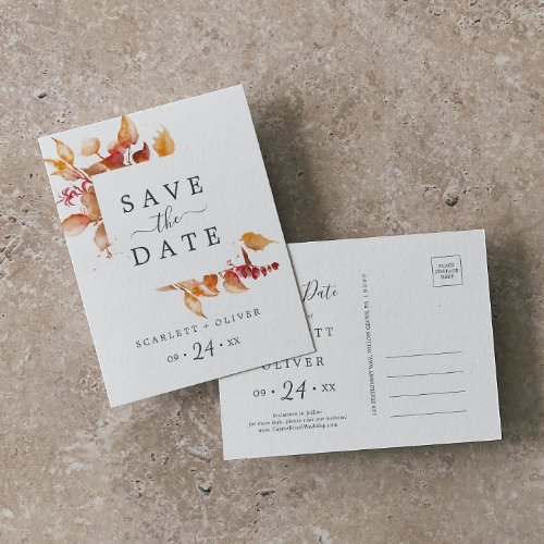 Fall Leaves  White  Burgundy Save the Date Invitation Postcard