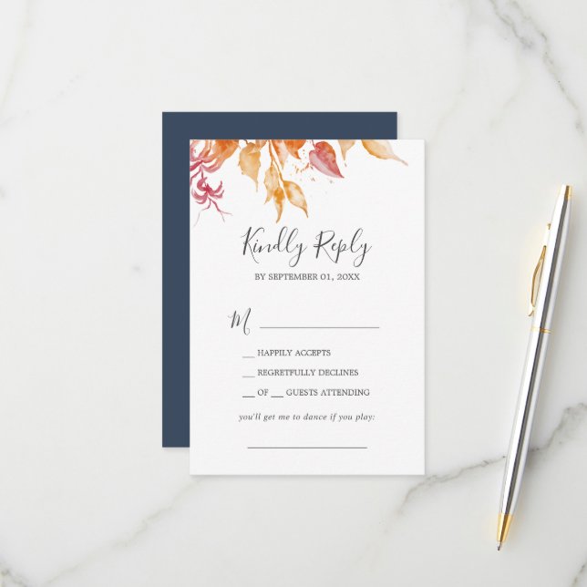 Fall Leaves | White & Burgundy Song Request RSVP Card (Front/Back In Situ)