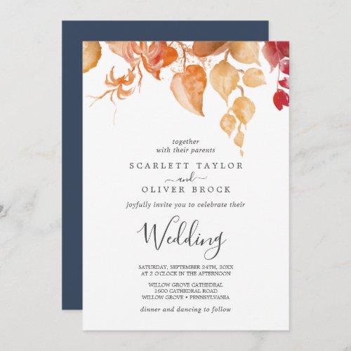 Fall Leaves  White  Burgundy Wedding Invitation