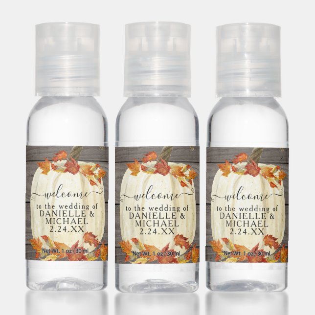Fall Leaves White Pumpkin Rustic Wood Wedding Hand Sanitizer (Set)