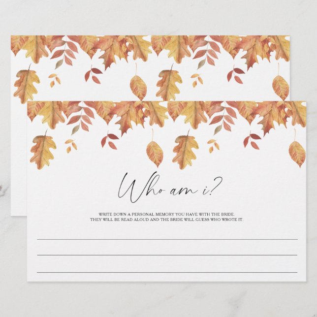 Fall leaves - Who am I bridal shower game Stationery (Front/Back)