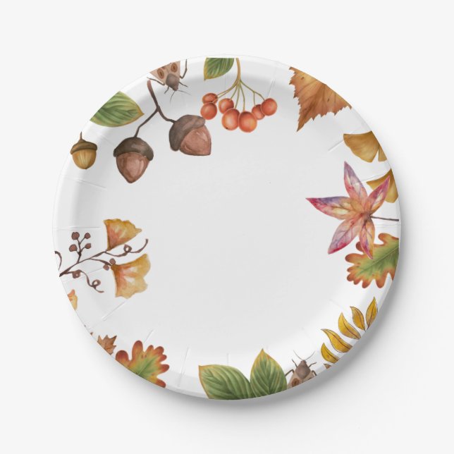 Fall leaves with nut and maple leaves Autumn   Paper Plates (Front)