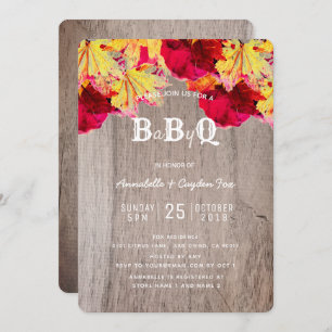 Fall Leaves Wood BaByQ BBQ Baby Shower Invitation