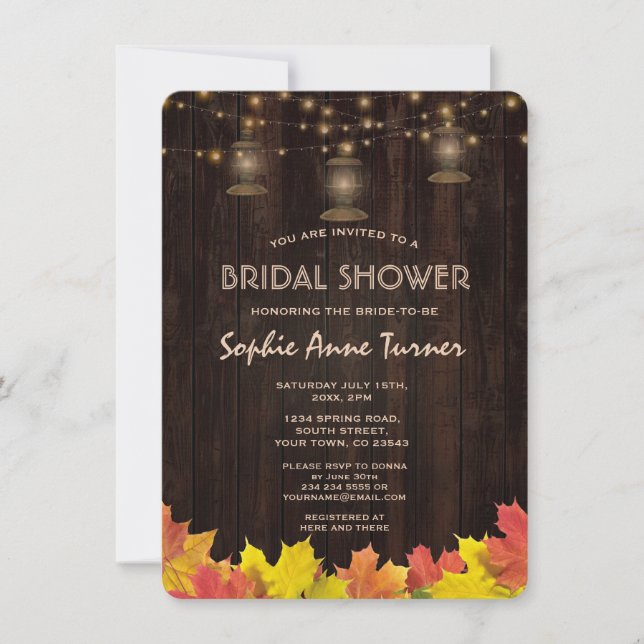 Fall Leaves Wood Old Lanterns Bridal Shower Invitation (Front)
