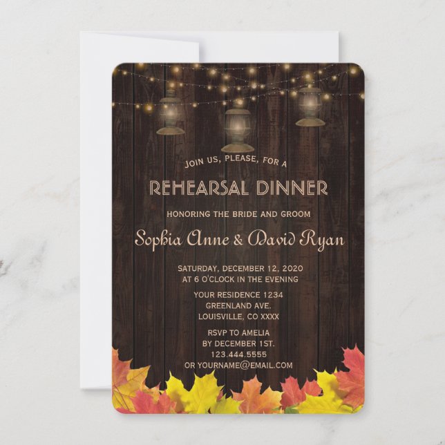 Fall Leaves Wood Old Lanterns REHEARSAL DINNER Invitation (Front)