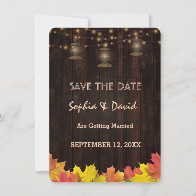 Fall Leaves Wood Old Lanterns Save the date Invitation (Front)