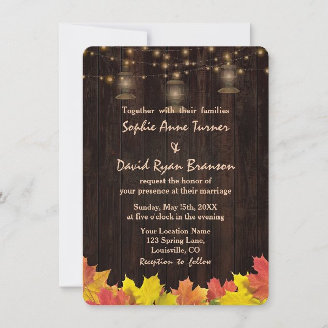Fall Leaves Wood Old Lanterns Wedding Invite (Front)