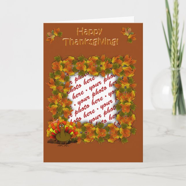 Fall Leaves & Worried Turkey   Photo Frame Holiday Card (Front)