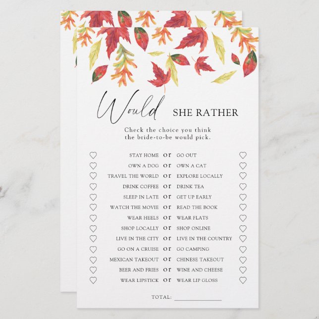 fall leaves - Would she rather bridal shower game (Front/Back)