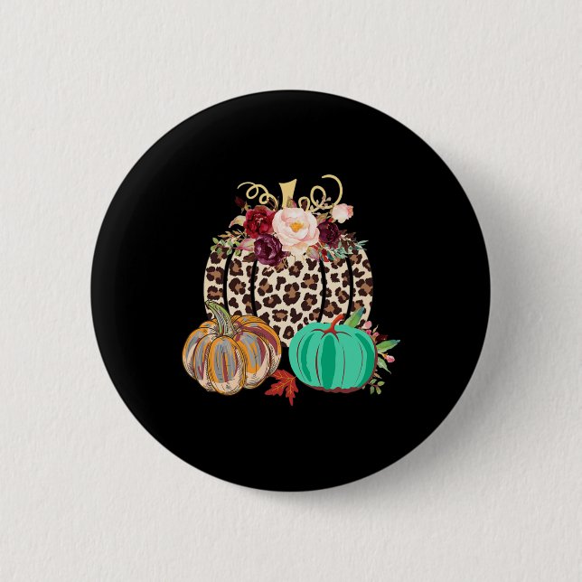 Fall Leopard Cheetah Pumpkin Rustic Halloween Than Button (Front)