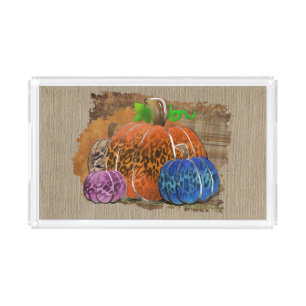 Fall Leopard Print Autumn Pumpkins On Plaid Acrylic Tray