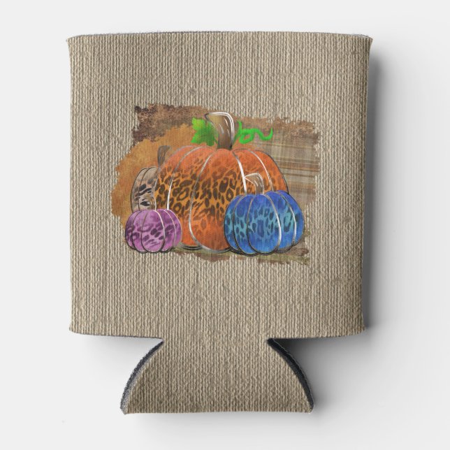Fall Leopard Print Autumn Pumpkins On Plaid Can Cooler (Front)