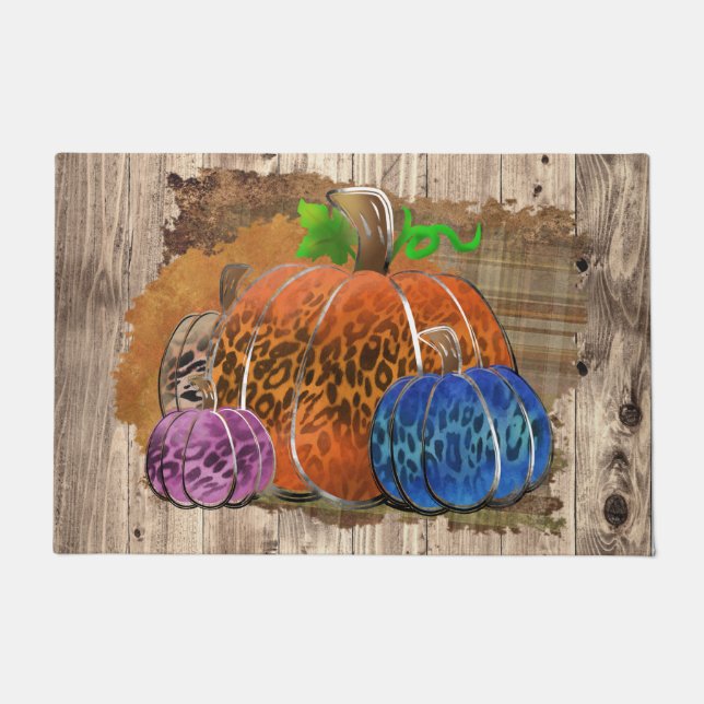 Fall Leopard Print Autumn Pumpkins On Plaid Doormat (Front)