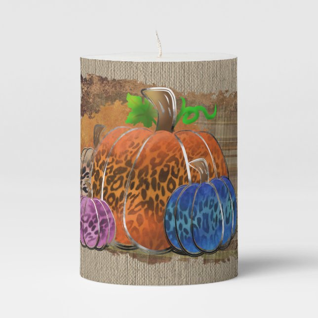 Fall Leopard Print Autumn Pumpkins On Plaid  Pillar Candle (Front)