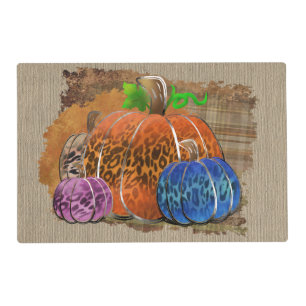Fall Leopard Print Autumn Pumpkins On Plaid Placemat