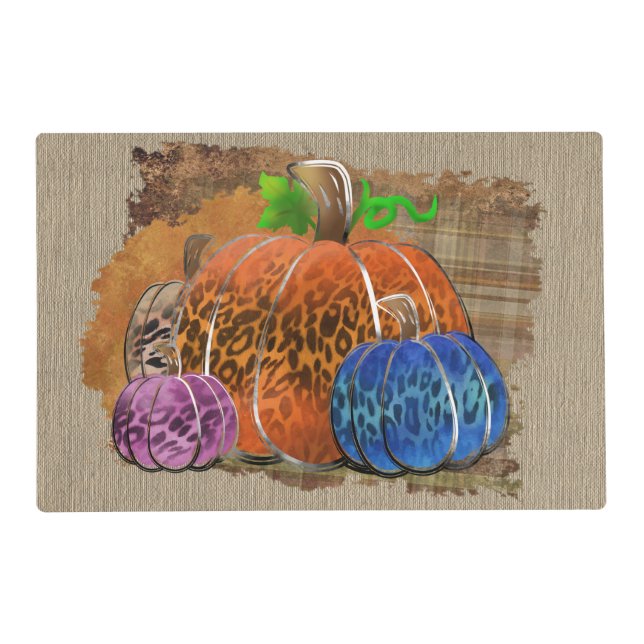 Fall Leopard Print Autumn Pumpkins On Plaid Placemat (Front)