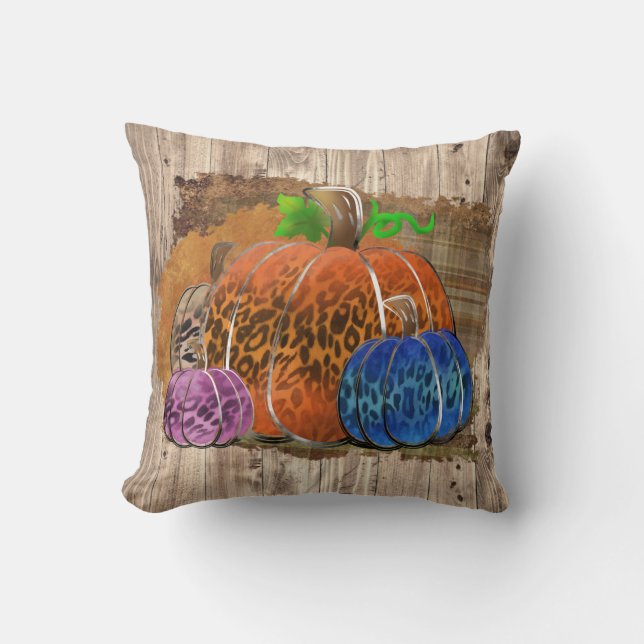 Fall Leopard Print Autumn Pumpkins On Plaid  Throw Pillow (Front)
