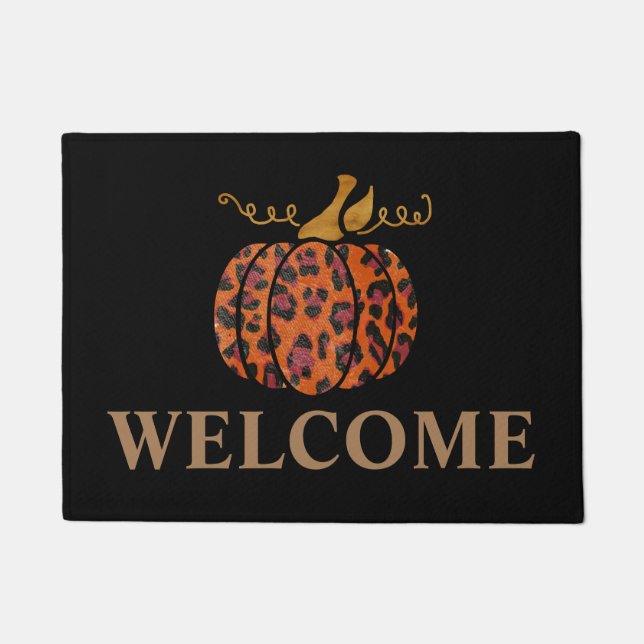 Fall leopard-print pumpkin Welcome Door Mat (Front)