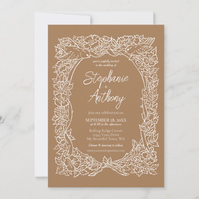Fall Light Brown Rose & Love Bird Border Wedding Invitation (Front)