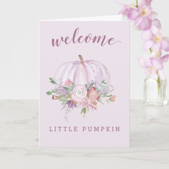 Fall Lilac Pumpkin and Floral New Baby Card (Orchid)