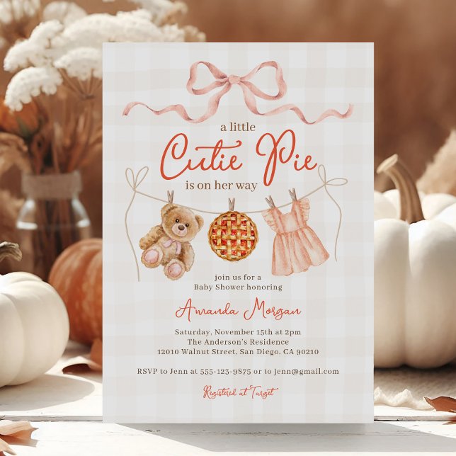 Fall Little Cutie Pie Bow Teddy Bear Baby Shower Invitation (Creator Uploaded)