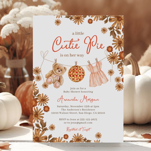 Fall Little Cutie Pie Teddy Bear Girl Baby Shower Invitation (Creator Uploaded)
