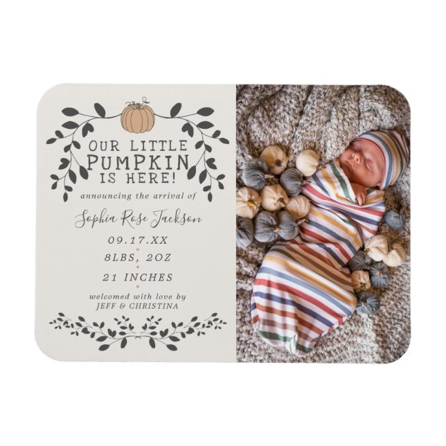 Fall Little Pumpkin Baby Birth Announcement Magnet (Horizontal)