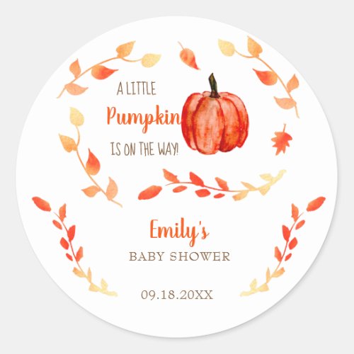 Fall Little Pumpkin Baby Shower Watercolor Foliage Classic Round Sticker