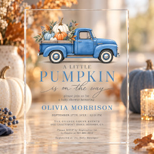 Fall Little Pumpkin Blue Truck Boy Baby Shower Acrylic Invitations