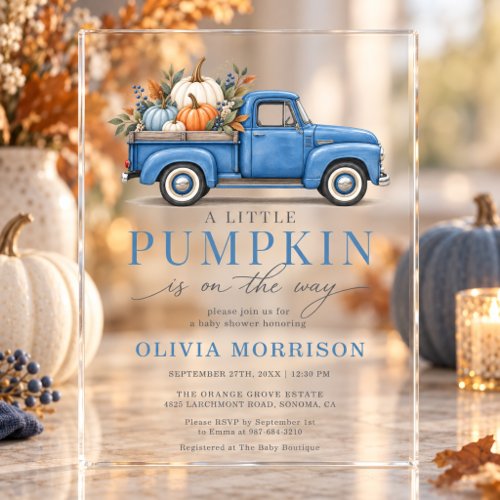 Fall Little Pumpkin Blue baby shower invitation