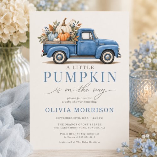 Fall Little Pumpkin Blue baby shower invitation