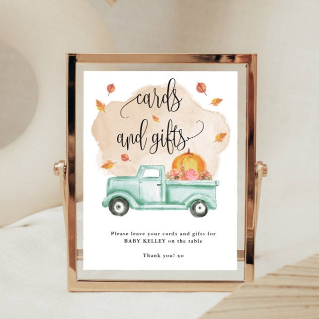 Fall Little Pumpkin Farm Truck Cards and Gifts Poster (A cute display sign for your shower.)
