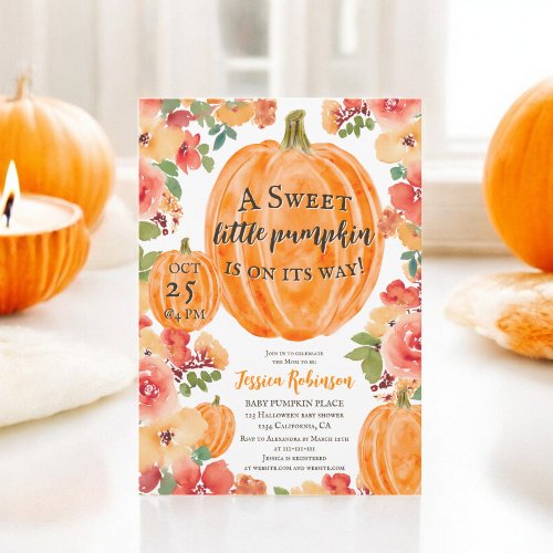 Fall little pumpkin floral halloween baby shower invitation