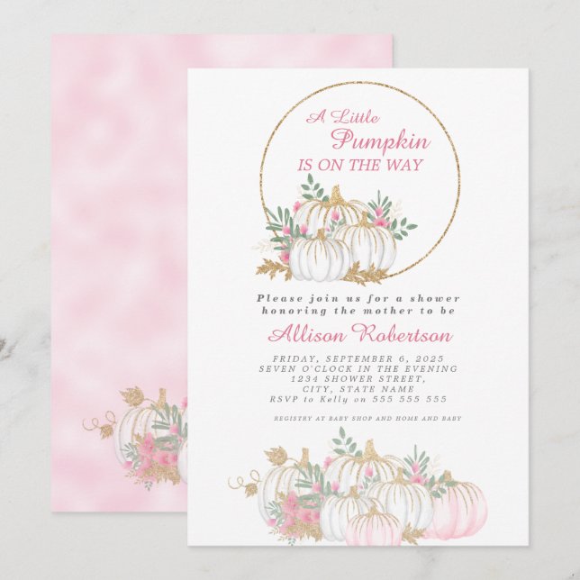 Fall Little Pumpkin Glitter White Pink Baby Shower Invitation (Front/Back)