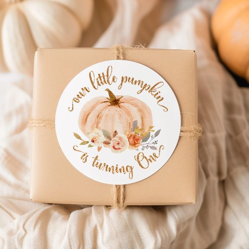 Fall little pumpkin is turning one birthday classic round sticker