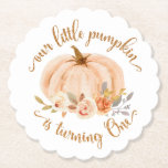 Fall little pumpkin is turning one birthday paper coaster<br><div class="desc">Fall little pumpkin is turning one birthday Paper Coaster
Matching items are available, </div>