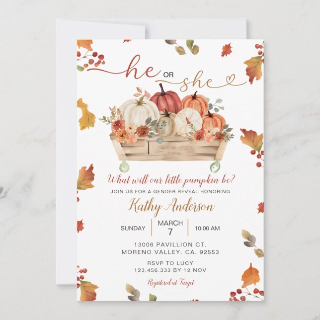 Fall Little Pumpkin Leaves He Or She Gender Reveal Invitation (Front)