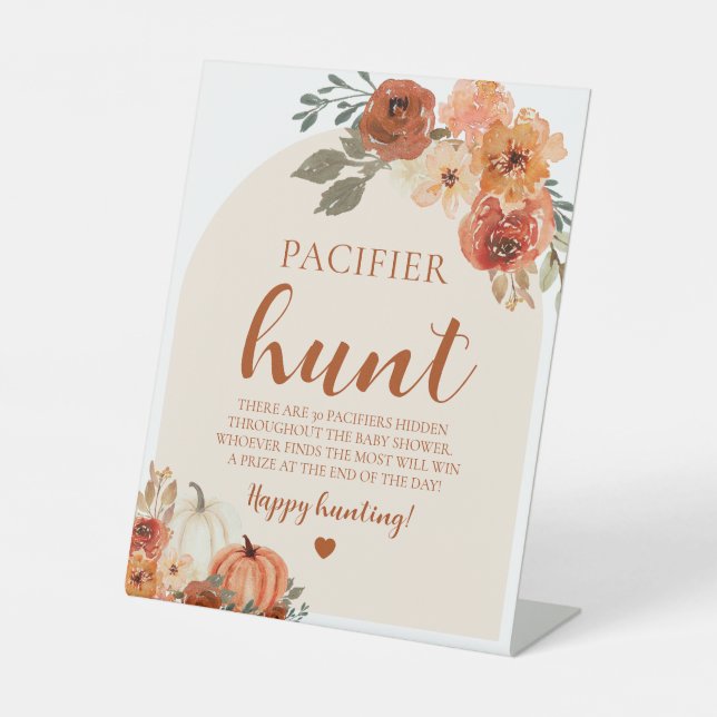 Fall Little Pumpkin Pacifier Hunt Baby Shower Game Pedestal Sign (Front)