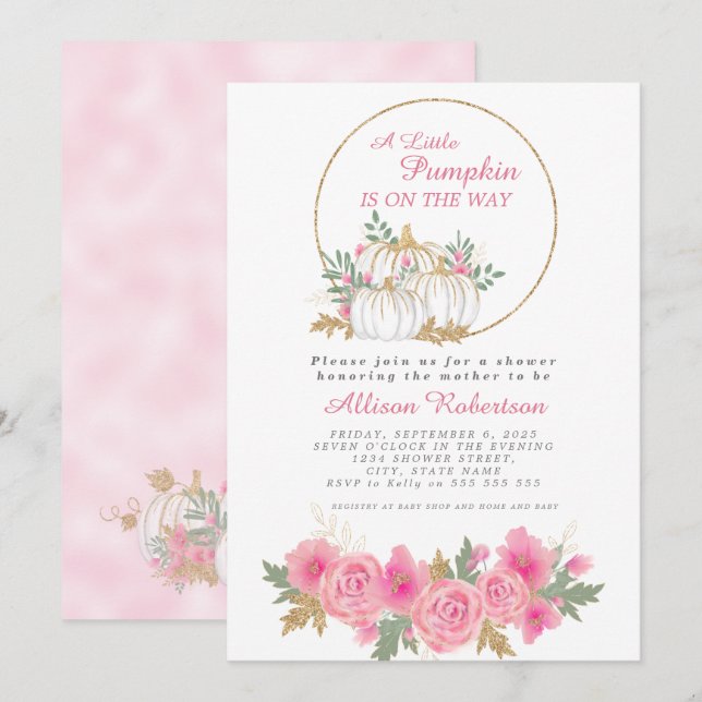 Fall Little Pumpkin Pink Gold Floral Baby Shower Invitation (Front/Back)