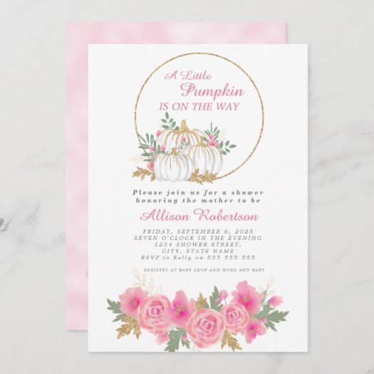 Fall Little Pumpkin Pink Gold Floral Baby Shower