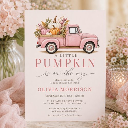 Fall Little Pumpkin Pink baby shower invitation