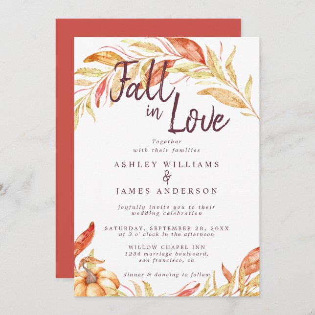 Fall Love Autumn Foliage Burgundy Script Wedding Invitation (Front/Back)
