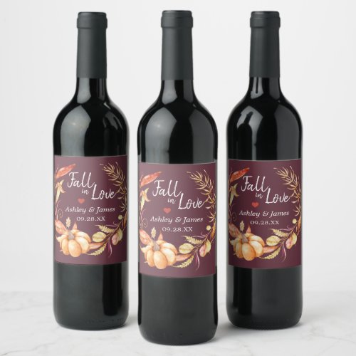 Fall Love Autumn Foliage Burgundy Wedding Monogram Wine Label